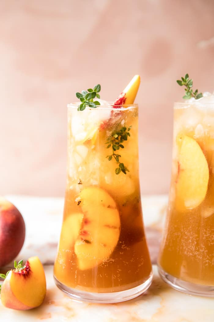 whiskey cocktails gingered peach bourbon thyme smash halfbakedharvest