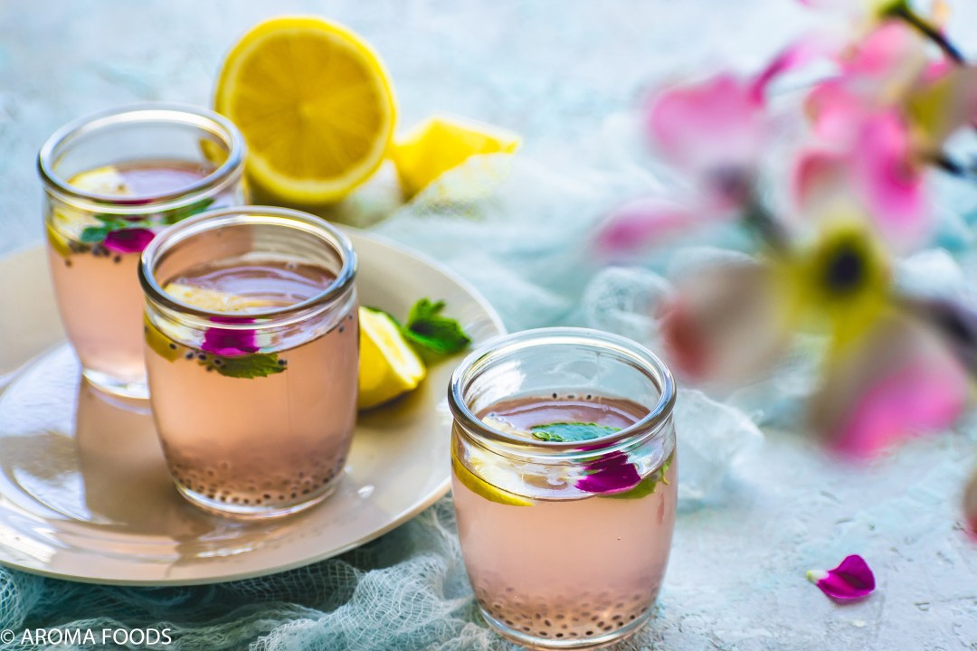 fruit cocktails rose lemonade with basil seeds aromafoods simplerecipes.