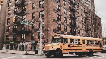 school bus near building