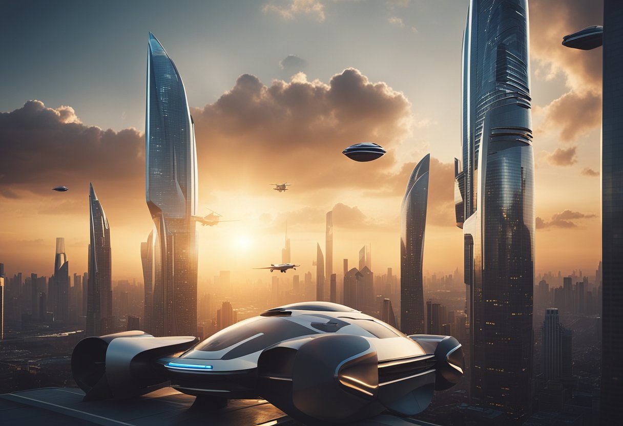 A futuristic cityscape with towering skyscrapers and sleek flying vehicles, set against a backdrop of a dramatic sunset sky