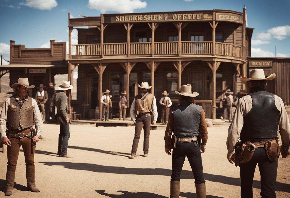 A dusty western town with saloon, sheriff's office, and rowdy cowboys