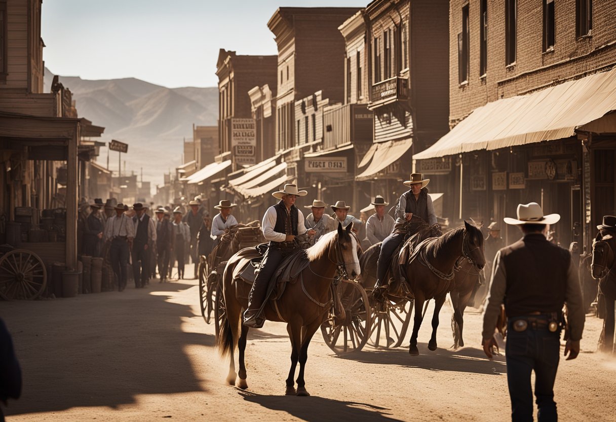 A dusty, western town with a row of saloons and a bustling marketplace. Cowboys and outlaws mingle, while the sheriff keeps a watchful eye