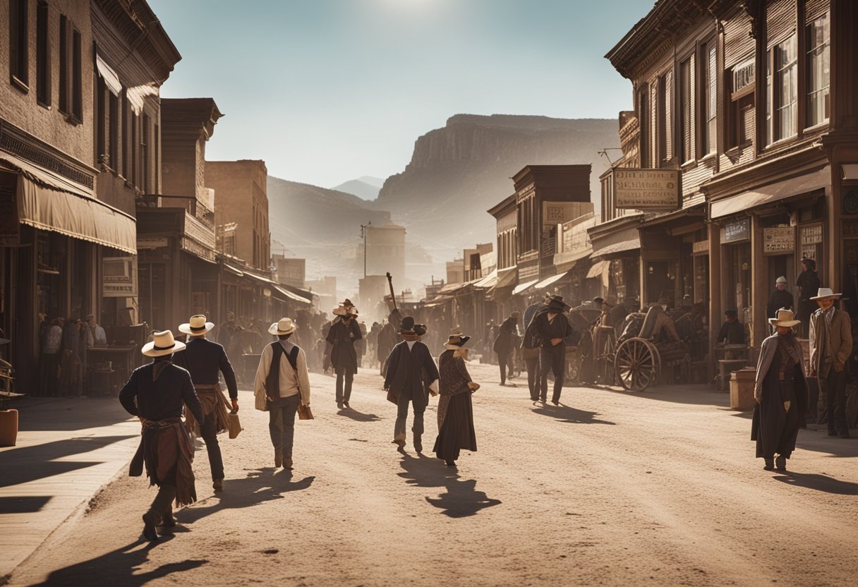 A bustling western town square with a row of wooden storefronts and a dusty street, populated by rugged cowboys and townsfolk going about their day