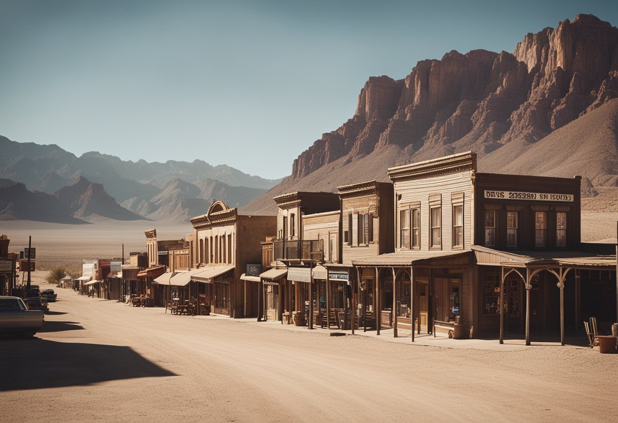 A dusty western town with a saloon, a sheriff's office, and a row of old storefronts, all surrounded by rugged mountains and a vast desert landscape