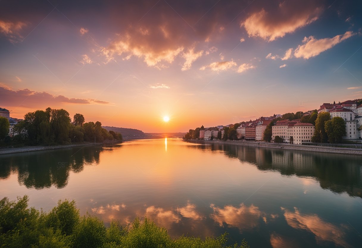 A vibrant sunset over the Danube river, casting a crimson glow on the water and surrounding landscape