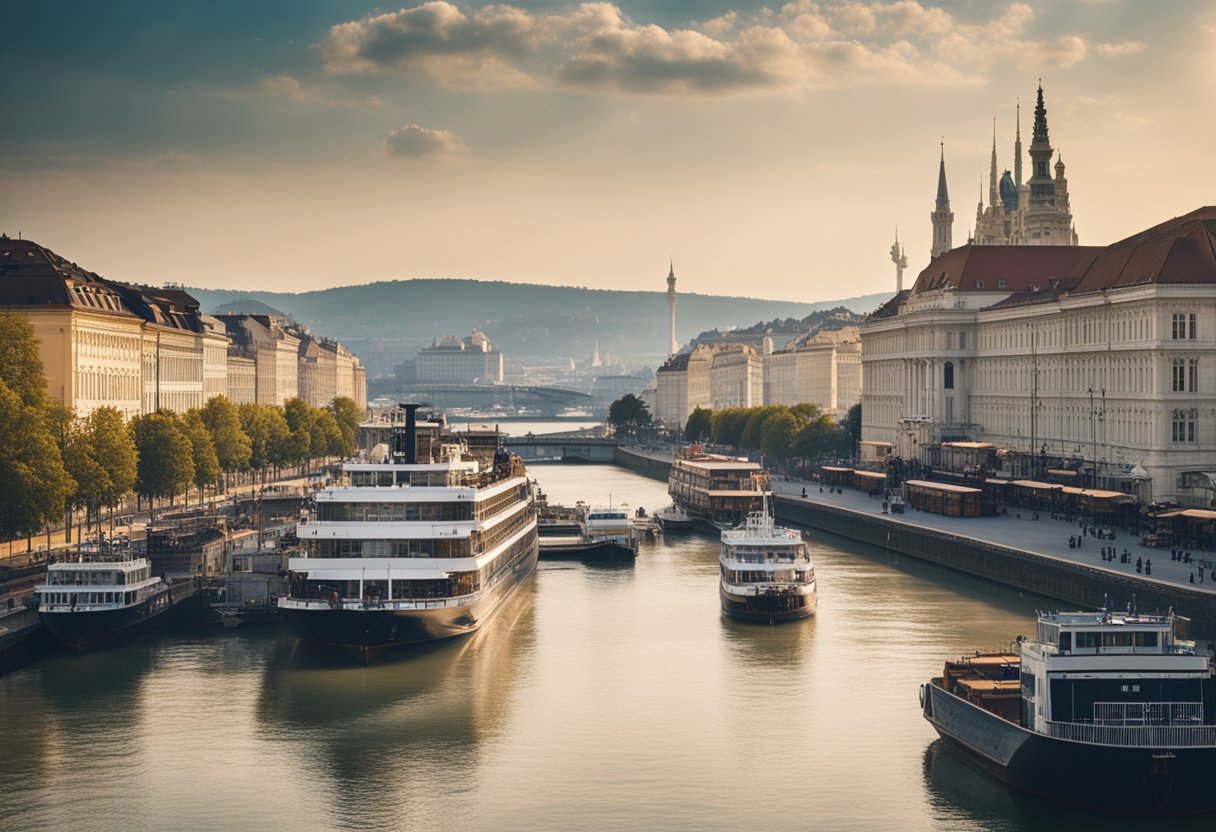 The bustling port of Vienna, with steamboats and cargo ships lining the Danube River, surrounded by historic buildings and a vibrant cityscape