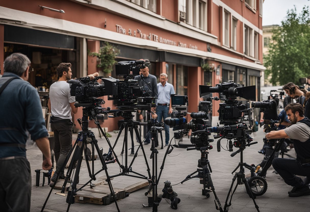 The production crew sets up equipment for filming "The Red Danube" on a bustling movie set