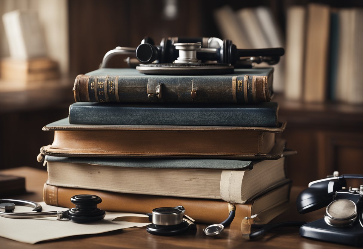 A stack of old medical books, a stethoscope, and a worn-out doctor's bag sit on a desk, surrounded by scattered papers and a vintage typewriter