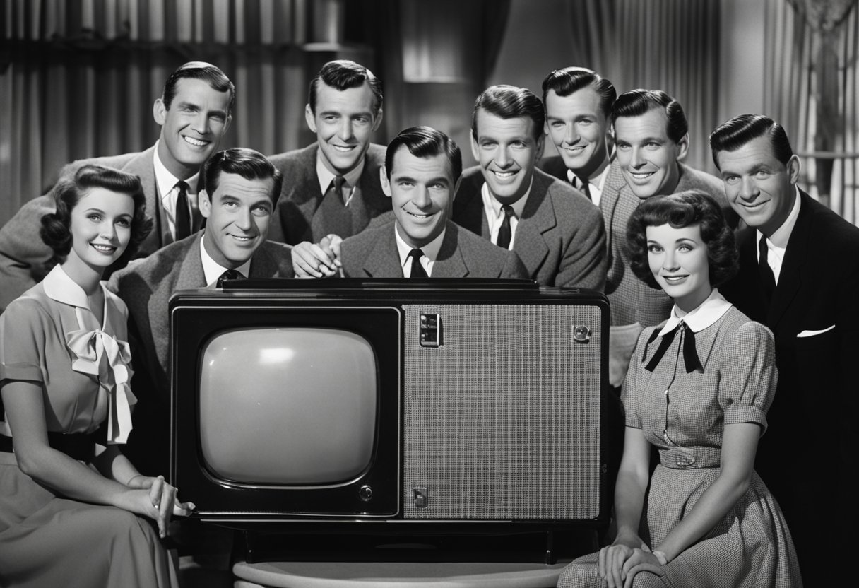 The cast of The Many Loves of Dobie Gillis gathers around a vintage television set, eagerly watching their show's broadcast history and reception