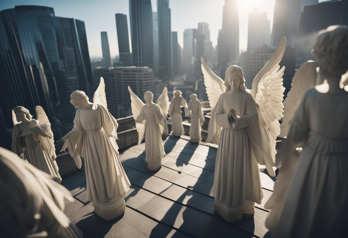 Angels hovering above a city, casting shadows of trouble below. Cultural symbols in the background show their impact