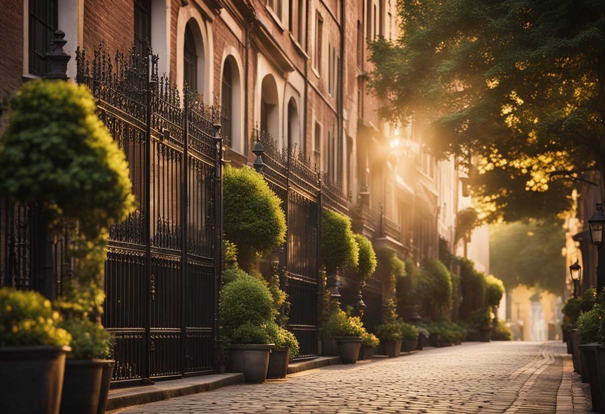 A row of brick mansions lined the cobblestone street, each one adorned with intricate iron gates and lush gardens. The setting sun cast a warm glow over the elegant facades, creating a picturesque scene of old-world charm