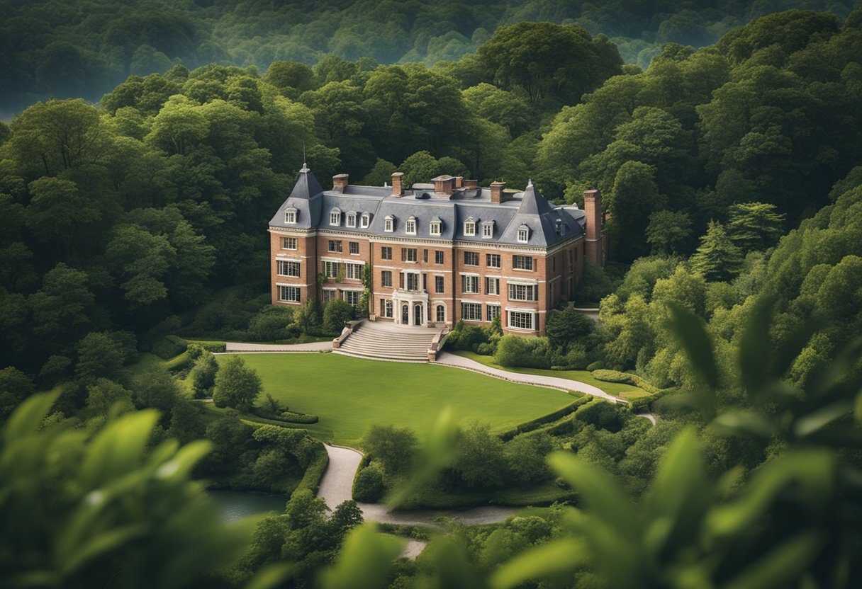 A grand brick mansion sits atop a hill, surrounded by lush greenery and a winding river